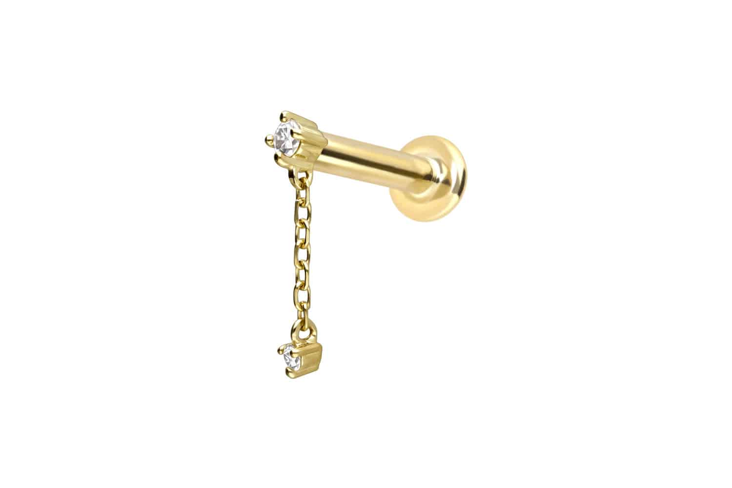 14 Karat Gold Labret Piercing mit Push Fit 2 MOISSANITE + KETTE